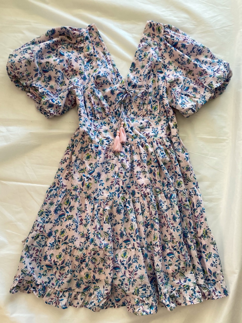 Jessica Simpson Faeryn Floral Puff Sleeve Mini Peasant Dress Pink Blue smocked S